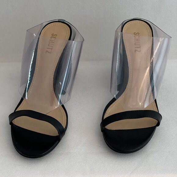 New in Box Schutz Raira Black Leather/Transparent Block Heel Slide Sandals - Picture 4 of 12